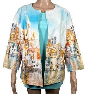 Chicos Cardigan Jacket Tank Top Shell Open Front Watercolor Italy Sicily Size 2